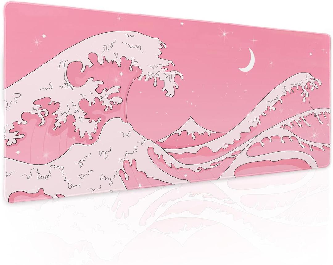 Pink Japanese Anime Gaming Mouse Pad XL Cute Kawaii Aesthetic Wave Extended Big Large Desk Mat Non-Slip Rubber Base Stitched Edge Long Keyboard Mousepad for PC Computer Laptop,31.511.8 in (X-Large, Animepink)
