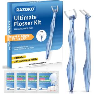 RAZOKO Flosser Kit, Shred-Resistant, Insert & Rotate 90 to 135 for Hard-to-Reach Areas, PTFE & PFAS Free, 2 Handles + 240 Refill Heads, Blue