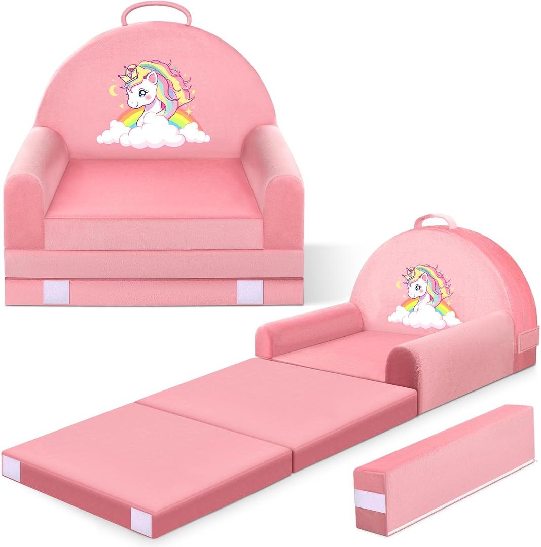 Unicorn Kids Sofa Bed with Removable Washable Cover & Hook and Loop Backrest Foldable Toddler Chair, Cozy Crystal Velvet Furniture for Playtime, Naps & Travel (Pink, Unicorn Design)