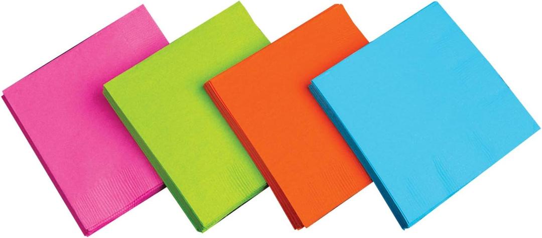 Party Essentials 2-Ply Disposable Four Fold Square Color Paper Dinner Napkins, 15.75" x 15.75" Unfolded for Party and Every Day Use, 96 Count, Assorted Neon Brights