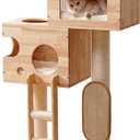 SHENGOCASE Modern Real Solid Rubber Wood Large Cat Tree Tower Castle with Big Enclosed Bed, House Condo, Scratching Post and Sisal Scratcher with Ladder for Multiple Cats