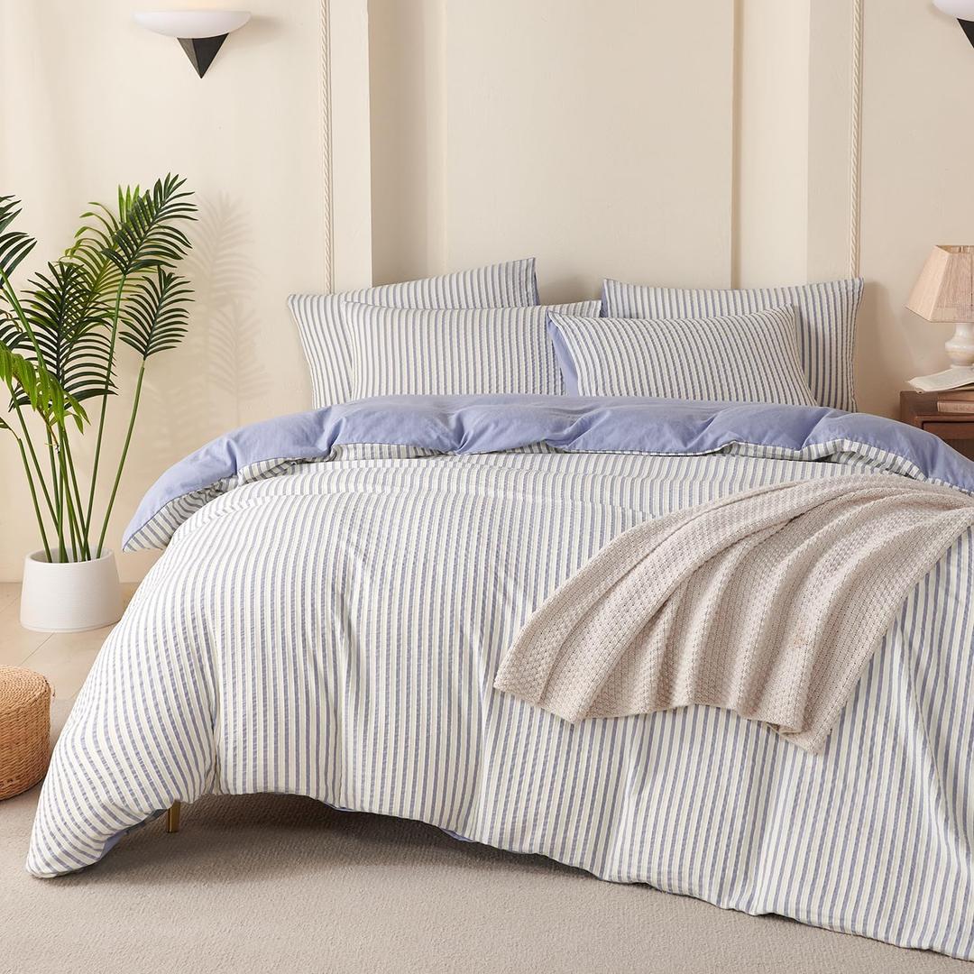 Comforter Set Queen Striped Blue 100% Soft Washed Microfiber Jacquard 3 Pieces Striped Bedding Sets Blue White Comforter for All Seasons and 2 Pillowcases Comfort Breathable (Queen(90"x90")), Blue Striped