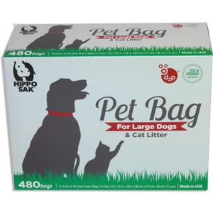 Hippo Sak Extra Large Pet Poop Bags for Large Dogs and Cat Litter, 480 Count