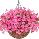 Artificial Faux Hanging Flowers Plants Baskets for Outdoors, Fake Silk Morning Glory Eucalyptus in Planter UV Resistant Realistic Outdoor Flowers for Outside Porch Patio Balcony Garden Yard Home Decor