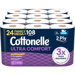 Cottonelle Ultra Comfort Toilet Paper with Cushiony CleaningRipples Texture, Strong Bath Tissue, 24 Family Mega Rolls = 108 Regular Rolls (4 Packs of 6)