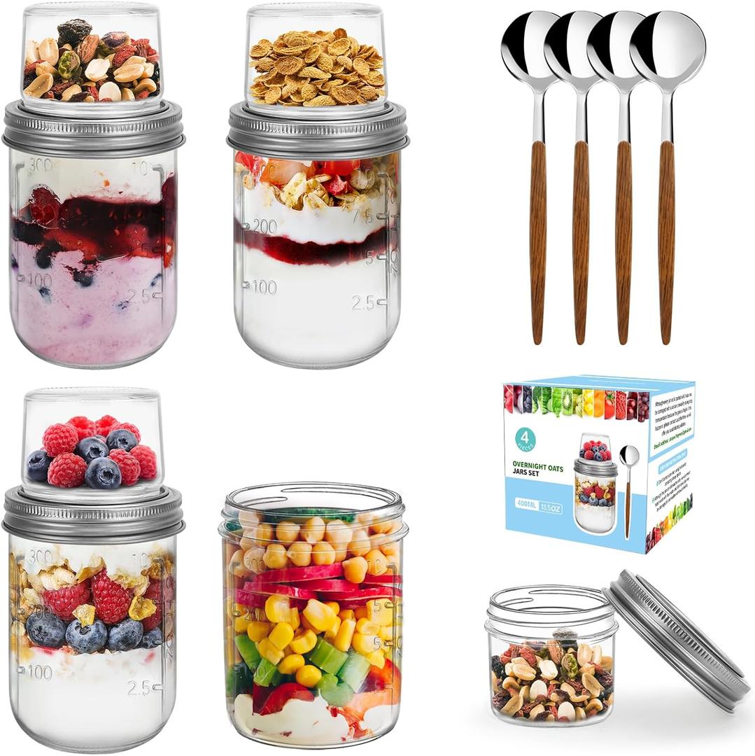 4 Pack Overnight Oats Containers with Lids and Spoons, Dual-Layer Chia Pudding Jars with Dry/Wet Separation,Yogurt Parfait Cups, 16 oz+4oz Glass Mason Salad Jars with Lids for Breakfast Oatmeal Cereal