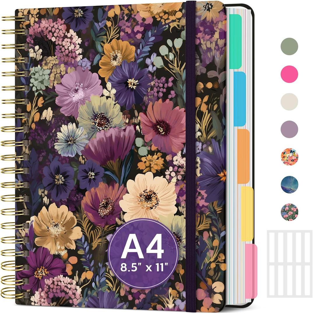 Large Spiral Lined Notebooks for Work with Removable Dividers & Tabs, 8.5"x11" Pretty Hardcover 5 Subject Notebook Journal for Women, College Ruled, Perfect for Study & Office Organization, 280 Pages,Midnight Bloom