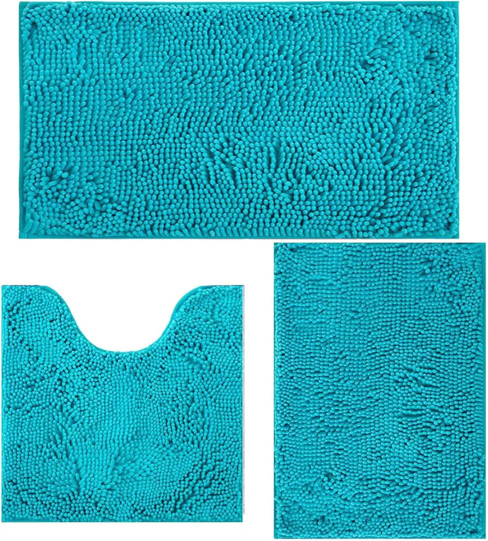 Bathroom Rugs Sets 3 Piece Non Slip,Bath Rugs with PVC Backing Bath Carpet,Bathroom Rug Washable,Absorbent,Plush Carpet Mats,Bath Mats for Bedroom, Kitchen,Tub,Home Decor (Turquoise) (16x24"+20x20"U shape+20x32")