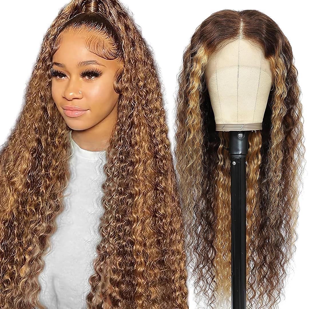 13x6 Highlight Ombre Lace Front Wig Human Hair Wigs For Women 180% Density 4/27 HD Deep Wave Lace Frontal Wigs Curly Honey Blonde Wig Human Hair Pre Plucked With Baby Hair Colored (32 Inch)