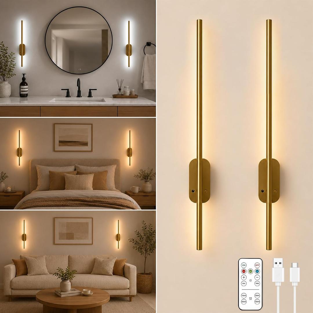 Peel and Stick on Wall Sconces Set of 2 with Remote Living Room Decor