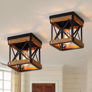 2 Pack Rustic Farmhouse Wood Flush Mount Ceiling Light Fixture Oak Wood and Metal Square Cage Small Semi Flush Mount Ceiling Light for Kitchen Hallway Entryway Bedroom Farmhouse Country, Black