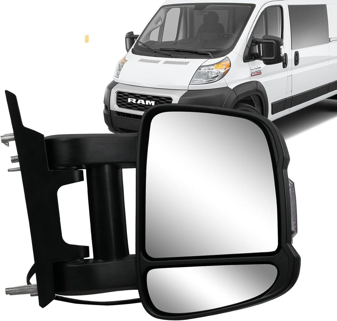 Passenger Right Side Extension Long Arm Mirror for Ram Promaster 1500 2500 3500 2014-2023, Heated Power Glass Turn Signal Light Manual Folding,Textured Black 8-Pin