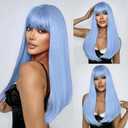 SUKRI Light Blue Wigs with Bangs Long Straight Blue Wigs for Women Heat Resistant Synthetic Wigs for Girls Cosplay Party Halloween Daily Use 22 Inch