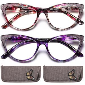 Cat Eye Reading Glasses for Women, Eyeglasses, Blue Light Readers for Women, Computer Eye Glasses, Cheaters, Stylish Glitter Frame for All Face Shapes, 2.5 (Pink/Purple)