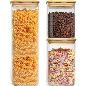 Glass Food Storage Jars Set of 3 with Bamboo Lid Airtight Glass Storage Canister, Square Kitchen Clear Food Storage Container Jar, for Pasta, Coffee, Cookies, Nuts, Cereal, Oats, Flour