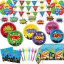 139Pcs Hero Theme Party Supplies with 24 Hero 9'' Plates 24 Hero 7'' Plates 24 Super Theme Swirls 16 Balloons 2 Banners 1 Tablecloth 24 Napkins 24 Forks for Kids Boy Birthday Party Decorations
