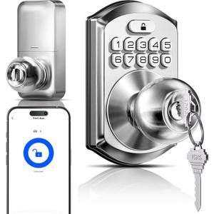 TEEHO TE018 Smart Door Knob with Keypad, App Control, Keyless Entry Digtal Door Lock with Handle, Remote Share One-Time Code, Auto Lock, Easy Installation for Front Door, Bedroom, Rental, Satin Nickel