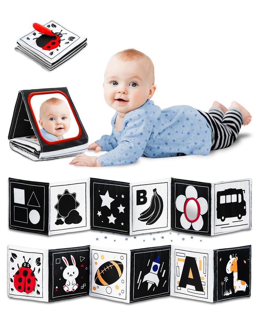 High Contrast Black and White Baby Toys for Newborn 0-6 Months  Contrast Cards & Sensory Baby Book with Mirror  Tummy Time Infant Toys for Visual Stimulation, Early Learning & Brain Development