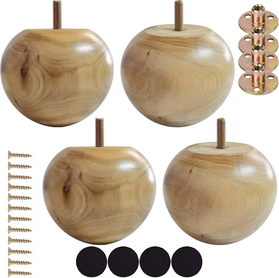 3 Inch Wooden Sofa Legs - Solid Wood Sofa Furniture Replacement, Cabinet/Desk/Bookcase Legs DIY, with Mounting Plate & Screws Set of 4