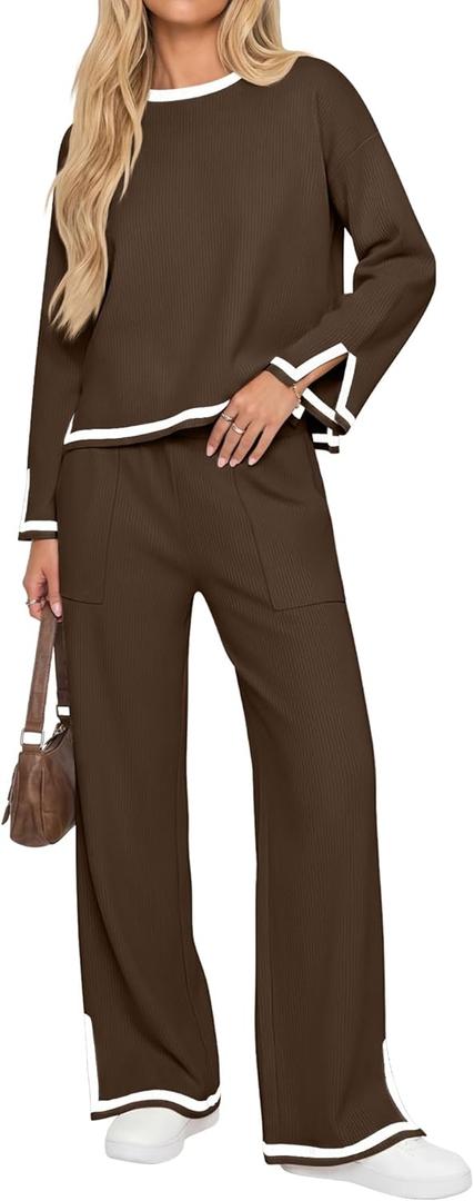 Women's 2 Piece Sweater Set Long sleeve Knit Top Wide Leg Pants Lounge Sweatsuit Fall Winter Outfits with Pocket (Brown)