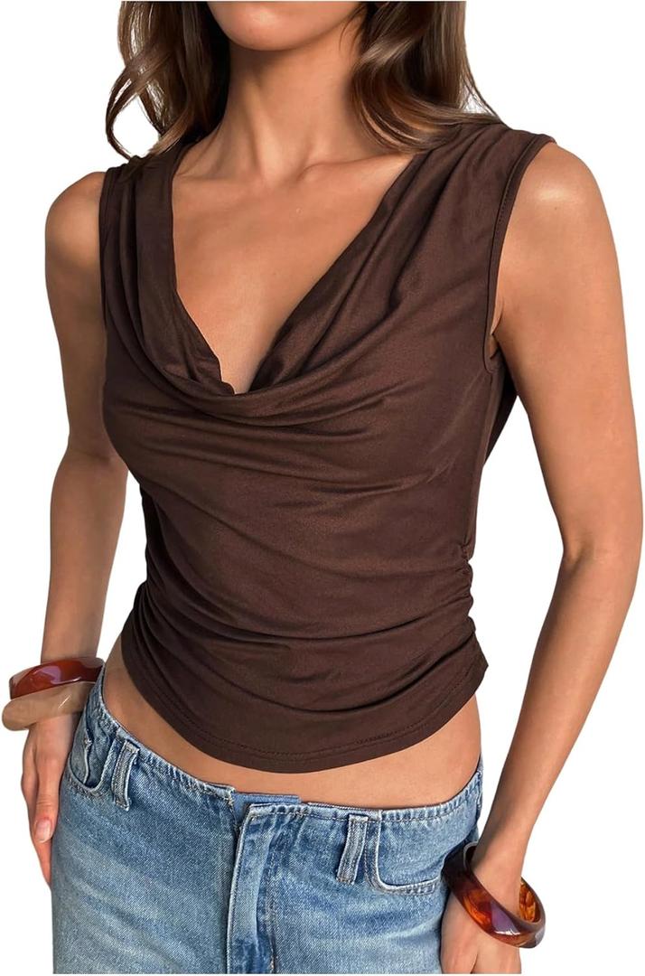 RoseSeek Women's Cowl Neck Ruched Cami Tops Backless Crop Tops Dressy Summer Clothes (Large, Brown)