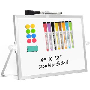 Dry Erase Magnetic White Board, 8" x 12" Double-Sided Desktop Whiteboard with Stand, Portable Small Whiteboard Set for Drawing, Office, Home