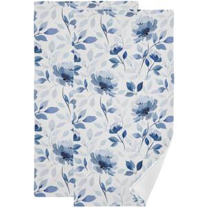 2 Pcs Vintage Blue White Flower Hand Towels for Bathroom 14"x28",Soft Quick Dry Watercolor Navy Ink Modern Floral Leaf Guest Bath Towels,Decorative Towels for Bathroom Kitchen Dish Face Gym