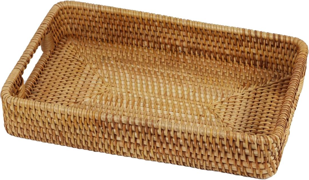 Rattan Serving Tray, Rectangle Coffee Table Tray with Handles, Decorative Ottoman Tea Tray Wicker Basket for Coffee, Bread, Fruits, Snacks, Breakfast, Drinks, Table Decor