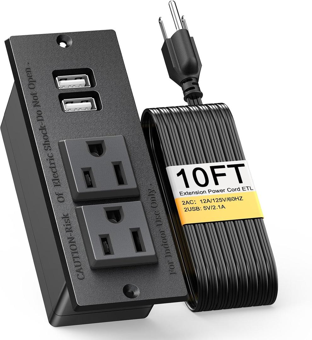 Kungfuking Desktop Power Grommet Conference Recessed Power Strip in Desk Outlet Power Socket 2-Socket &2-USB Ports 9.85 FT Extension Power Cord, ETL Listed (Black)