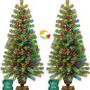 2 Pack 4 Ft Outdoor Potted Christmas Entrance Tree with Timer, 8 Mode 60 LED Dual Color Change Lights, Battery Operated, 140 Branches Tips 15 Pinecone 15 Berries Xmas Tree for Porch Front Door Decor