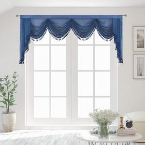 Navy Blue Sheer Window Curtains Valance for Living Room Waterfall Swag Valance Topper Curtains for Bedroom Rod Pocket Valance Curtains (1 Panel, W110 Inch)