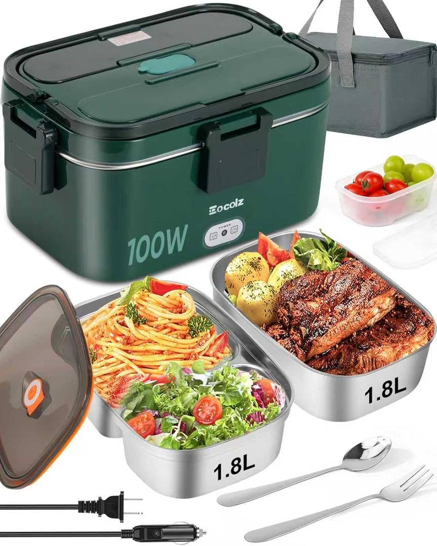 Eocolz Electric Lunch Box Food Heater 100W, Food Warmer with Dual Container 1.8L Portable Heated Lunch Box for Car Truck Work Stainless Steel Fork & Spoon 12/24/110V for Adults Lonchera Elctrica (Green)