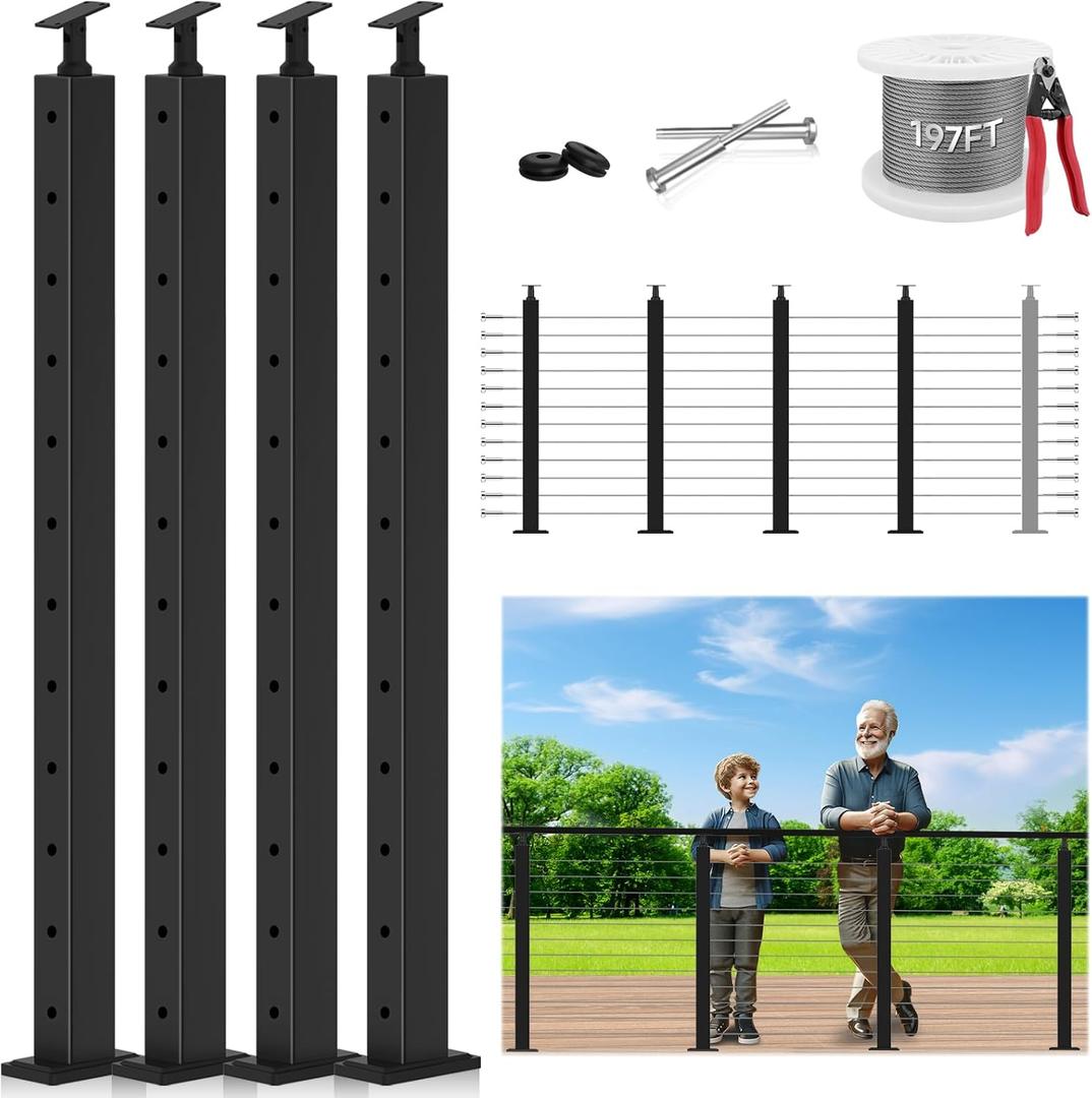 42" One-Stop Cable Railing Post Kits 4 Pack, Adjustable Top Level Drilled Deck Post, Cable Railing System Including 4 Railing Post, 197ft Cable, 24 Terminal, 96 Cable Grommets (No Handrail)