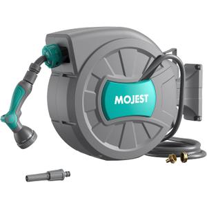 Mojest Retractable Garden Hose Reel - 1/2 in x 100 ft Wall Mounted Heavy Duty Water Hose Reel with Automatic Slow Rewind System, 2 Hose Nozzle, 180Swivel Bracket, Dark Gray