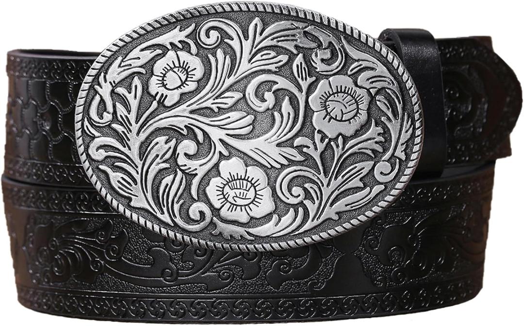 Western PU Leather Cowboy Cowgirl Belt for Men & Women - Vintage Flower Buckle Embossed Leather Belts for Jeans Pants
