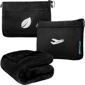 PAVILIA Travel Blanket Pillow, Airplane Blanket Set in Soft Bag with Pockets, Plane Blanket Compact Packable, Flight Essentials Car Pillow, Travelers Accessories Gifts, Luggage Strap, Black (65 x 40 inches)