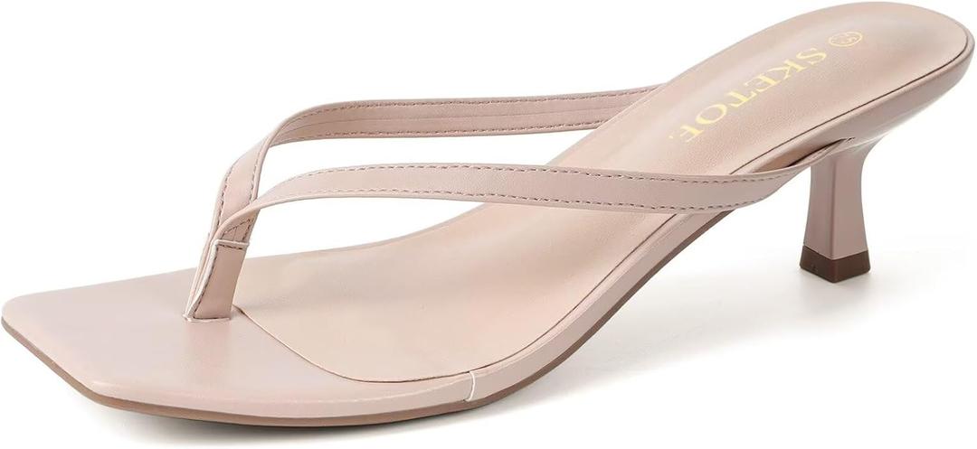 Kitten Heels for Women Square Toe Sandals Flip Flop Heels Thong Sandals Comfortable Summer 2 Inch Heels Sandals (7, Nude)
