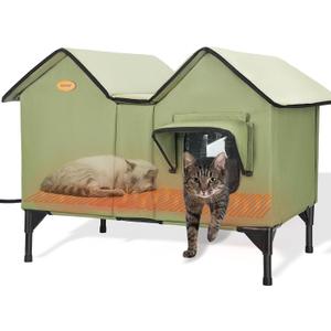 Heated Cat House for Outside Cats in Winter, Extra Large Heated Outdoor Cat House Weatherproof Insulated with Elevated Base & Escape Door, Waterproof Cat Shelter for Multiple Cats Feral Stray Kitty
