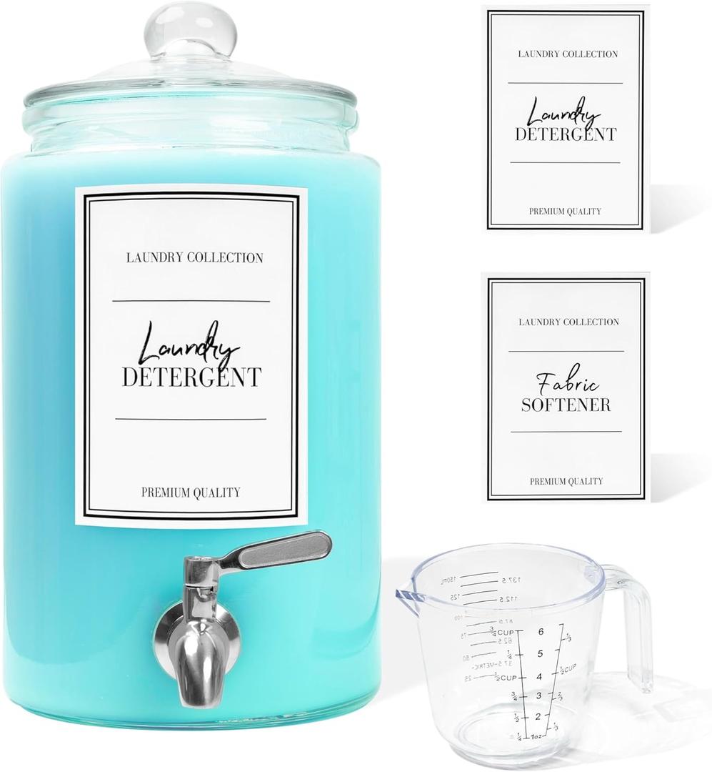 Large 1 Gallon Laundry Liquid Detergent Dispenser with Spigots and Measuring Cups, 4L Laundry Soap Holder Organizer for Fabric Softener, Soap, Glass Containers for Room Organization Storage (1 Pack)