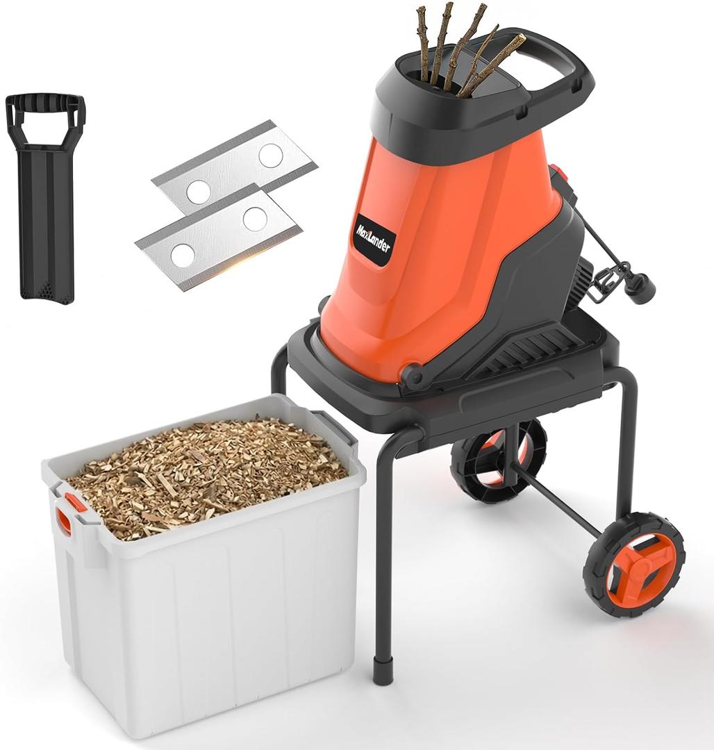 MAXLANDER 15-Amp Electric Wood Chipper Shredder with 50L Collection Bin, 1.8-Inch Cutting Diameter for Yard Waste & Branches, Efficient Mulcher for Composting, 15:1 Reduction Ratio