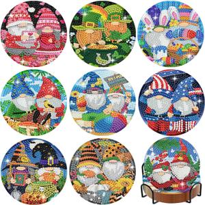 9 Pcs Diamond Art Coasters Kits for Adults with Holder, 5D DIY Gnomes Theme Diamond Pinting Coaster Gifts Acrylic Non Slip Coaster with Cork Pads for Tabletop Protection 10X10CM