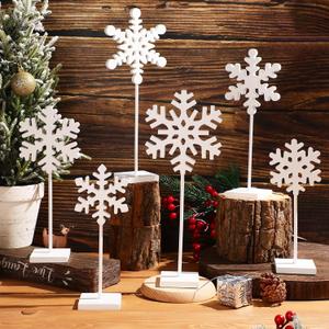 Sawysine 6 Pcs Christmas Wood Snowflake Table Centerpiece Decor Snowflake Tabletop Tall Standing Block Sign for Fireplace(White)