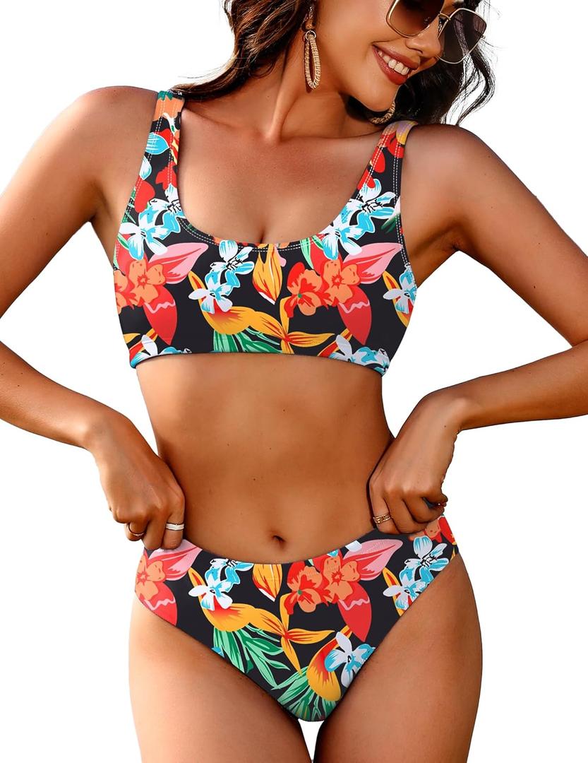 AI'MAGE Women Ribbed Bikini Sets Sporty Swimsuits Scoop Neck Two Piece Bathing Suits High Cut Bikini (Large, Black Multi Floral)
