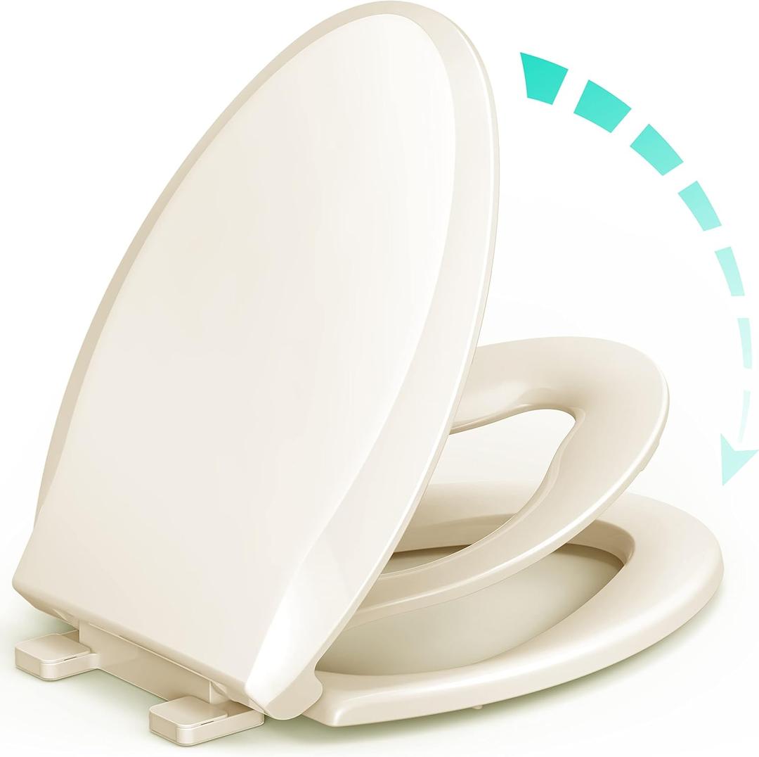 Elongated Toilet Seat with Built-in Potty Training Seat for Toddlers& Adults, Slow Close, Never Loosen, Heavy Duty, Ergonomic, Space Saving Toddler Toilet Seat, (Elongated 18.5", Oval, Bone/Almond)