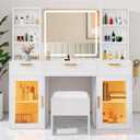DWVO 56.3" Makeup Vanity with LED Lighted Mirror, Large Vanity Desk with RGB Glass Cabinets, Open Shelving, Built-in Power Strip & Cushioned Stool