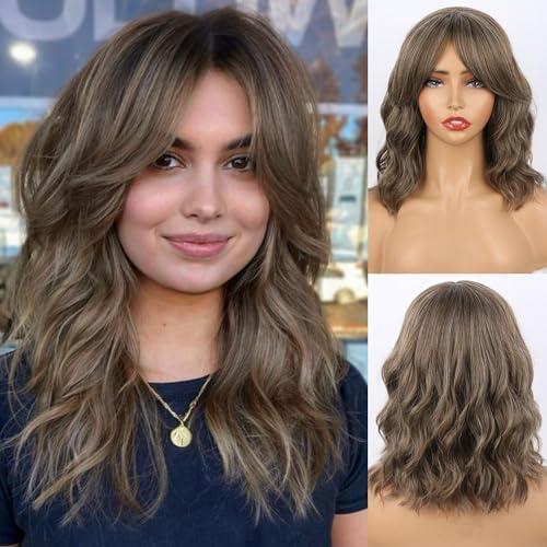 Aisaide Short Highlight Dark Brown Curly Wavy Bob Wig with Curtain Bangs Ombre Brown Mixed Ash Blonde Curly Bob Wigs with Bangs for Women Synthetic Wavy Hair Shoulder Length 14inch