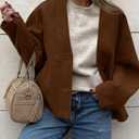 Yousify Womens Cropped Wool Blend Pea Coat Casual V Neck Button Down Short Jackets Fall Shackts with Pockets (Medium, Brown)