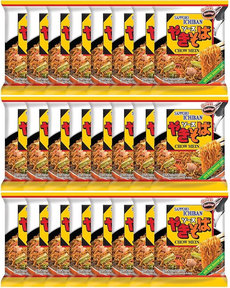 [SAPPORO ICHIBAN] Yakisoba, No.1 Tasting Instant Japanese Fried Noodles, Delicious Chow Mein (3.6 Oz. x 24 packs) | 24 Pack Case BB: 18/06/2026
