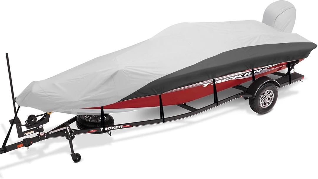 Trailerable Boat Cover 17-19ft with Outboard Motor Cover, 900D Marine Canvas Waterproof Heavy Duty Boat Covers for 17 feet 18ft 19' Foot V-Hull Bass Boat Tri-Hull Runabout Boat, Silver (Length: 17'-19', Beam Width: up to 96")