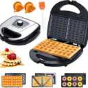 3-in-1 Mini Sandwich Maker with Non-Stick Plates, Electric Waffle Maker, Mini Donut Maker, Breakfast Sandwich Maker Press with Removable Plates, Compact Design & Adjustable Temperature Knob (Grey)